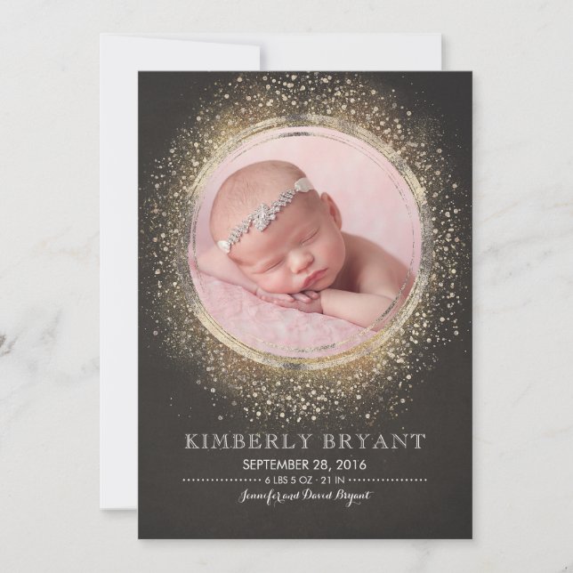 Gold Glitter Confetti Foil Frame Baby Girl Birth Announcement (Front)