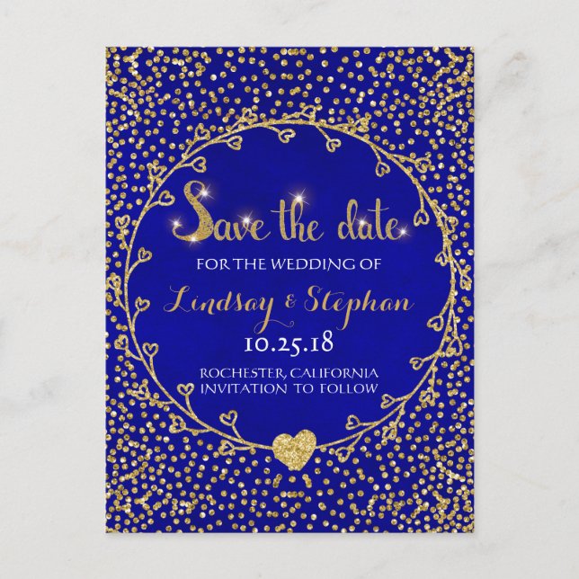 Gold Glitter Confetti Glam Cobalt Save the Date Announcement Postcard (Front)