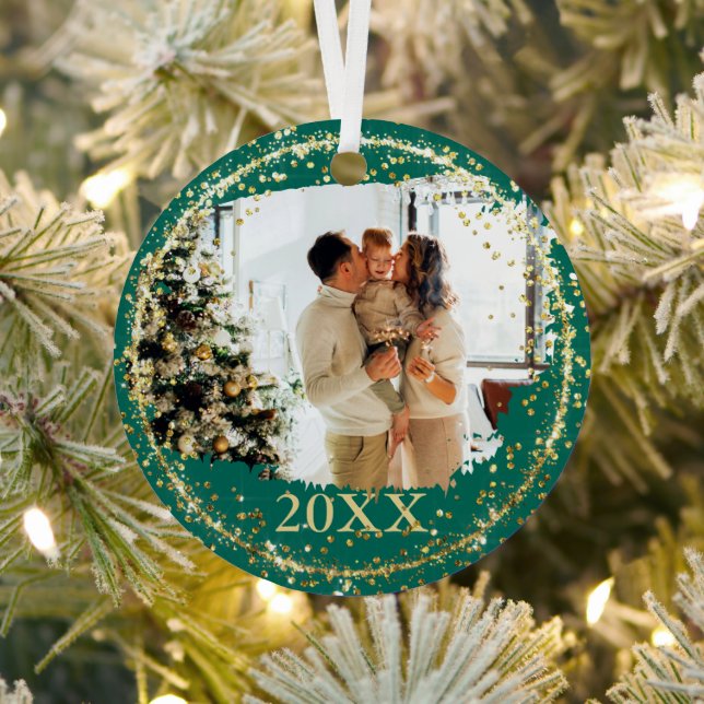 Gold Glitter Confetti Green Family Photo Christmas Metal Tree Decoration (Insitu)
