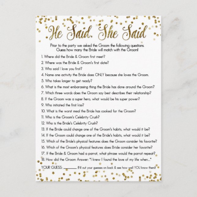 Gold Glitter Confetti He Said She Said Shower Game Postcard (Front)