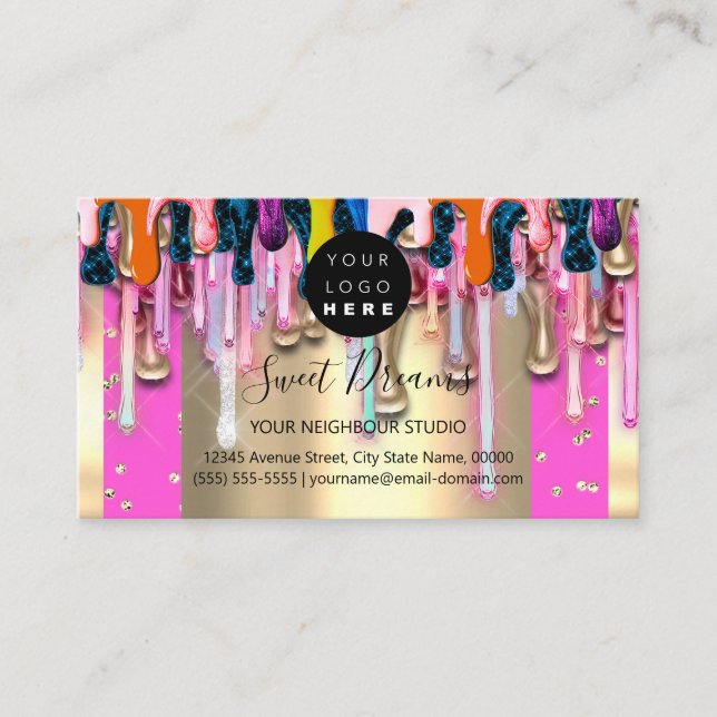 Gold Glitter Confetti Holograph Pink Drip Frame Business Card (Front)