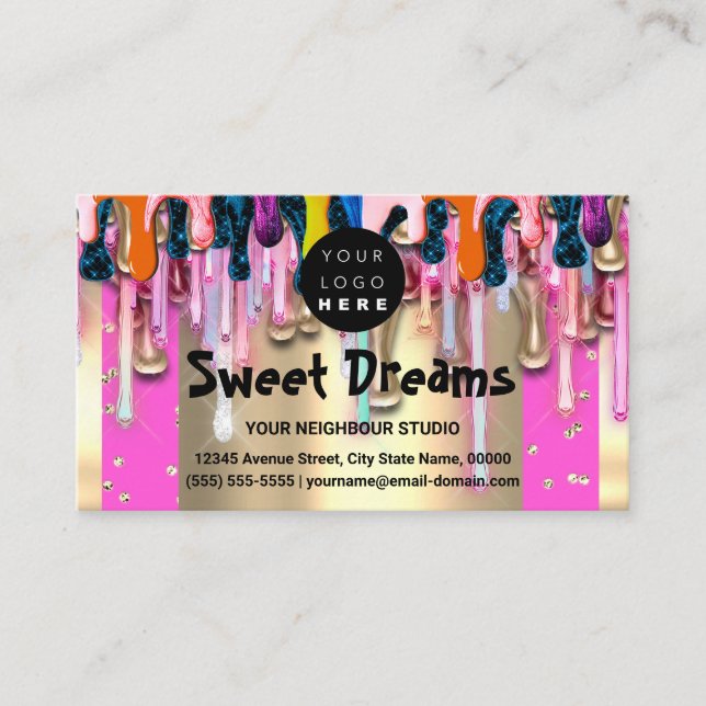 Gold Glitter Confetti Holograph Pink Drip Sweets Business Card (Front)