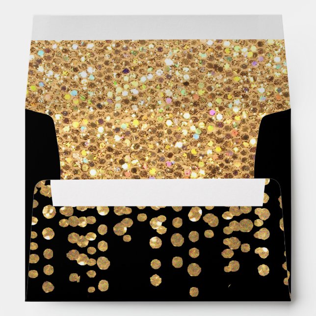 Gold Glitter Confetti Look with Black Background Envelope (Back (Bottom))