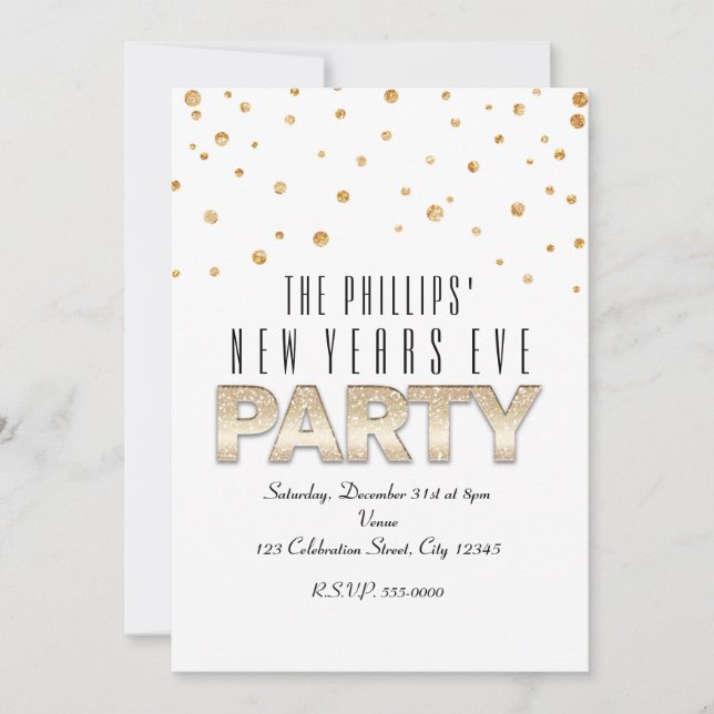 Gold Glitter & Confetti Modern PARTY Invitations (Front)