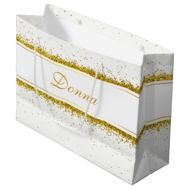 Gold Glitter Confetti Name - Large Gift Bag (Front Angled)