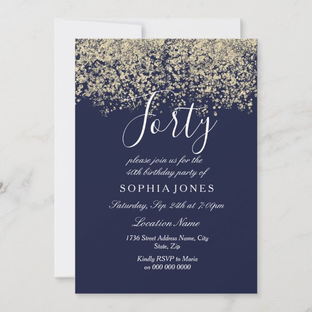 Gold Glitter Confetti Navy 40th birthday Invite (Front)