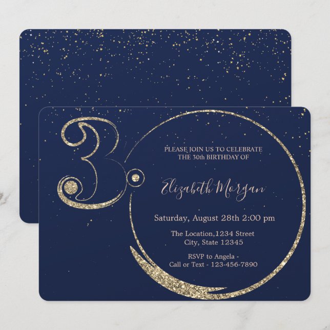  Gold Glitter Confetti Navy Blue 30th Birthday    Invitation (Front/Back)