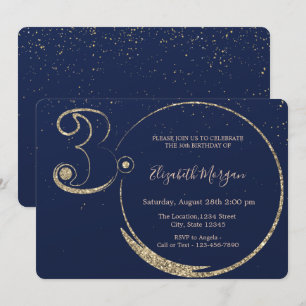 Gold Glitter Confetti Navy Blue 30th Birthday Invitation