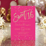 Gold glitter confetti neon pink Sweet 16 photo Invitation<br><div class="desc">A modern, chic and elegant yellow gold glitter ombre sweet 16 birthday glitter party invitation with a modern 16 typography with yellow gold sparkles glitter on an editable bright neon pink background and confetti. Add your photo at the back or leave a pink background. Perfect for the princess theme Sweet...</div>