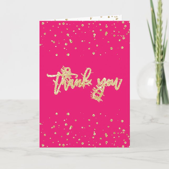 Gold glitter confetti neon pink Sweet 16 photo Thank You Card (Front)