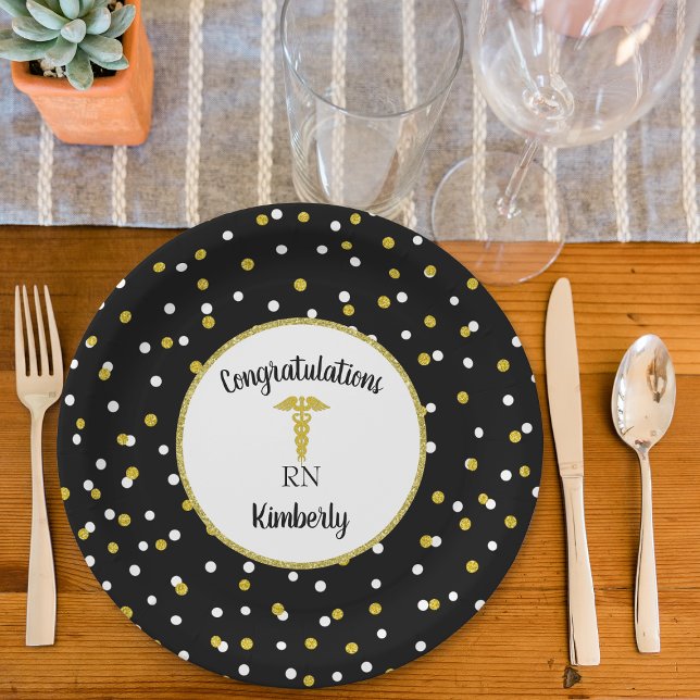 Gold glitter confetti nurse graduation party decor paper plate (Creator Uploaded)