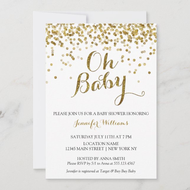 Gold Glitter Confetti Oh Baby, Baby Shower Invite (Front)