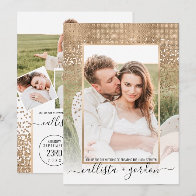 Gold Glitter Confetti Ombre Photo Collage Wedding Invitation (Front/Back)