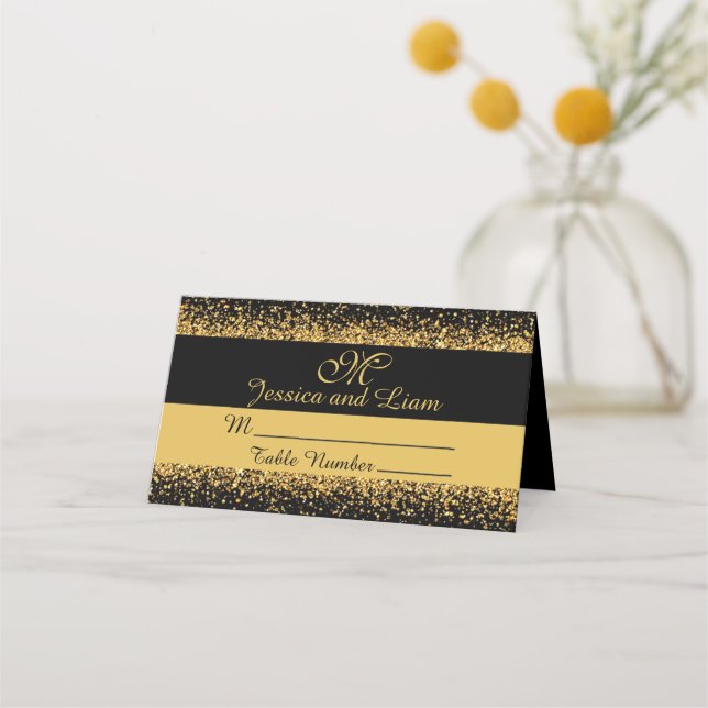 Gold Glitter Confetti on a Black Background Place Card (Front)