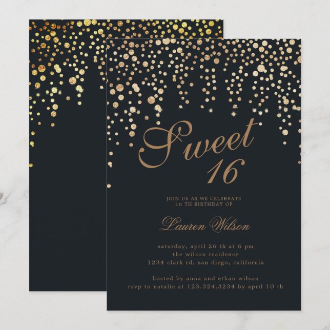 gold glitter confetti on black sweet sixteen invitation (Front/Back)