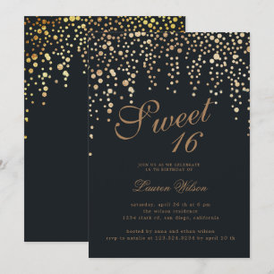 gold glitter confetti on black sweet sixteen invitation