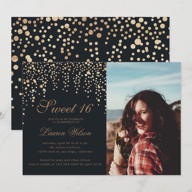 gold glitter confetti on black sweet sixteen Photo Invitation (Front/Back)