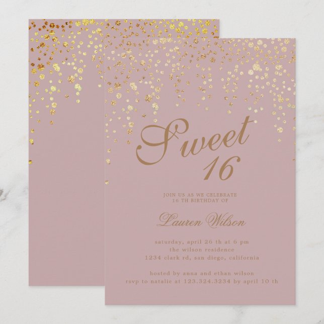gold glitter confetti on blush sweet sixteen invitation (Front/Back)