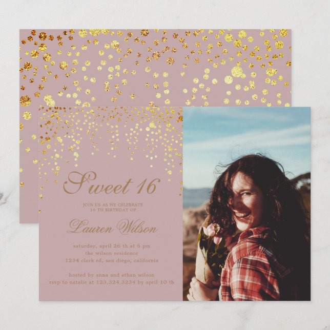 gold glitter confetti on blush sweet sixteen Photo Invitation (Front/Back)