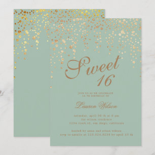 gold glitter confetti on green sweet sixteen invitation