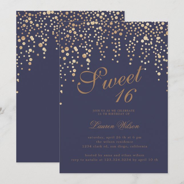 gold glitter confetti on lavender sweet sixteen invitation (Front/Back)
