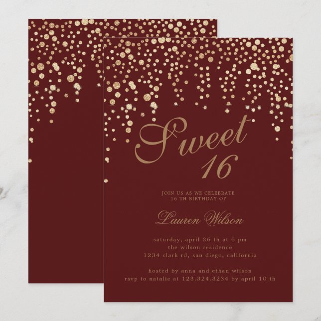 gold glitter confetti on red sweet sixteen invitation (Front/Back)
