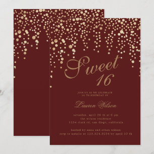 gold glitter confetti on red sweet sixteen invitation