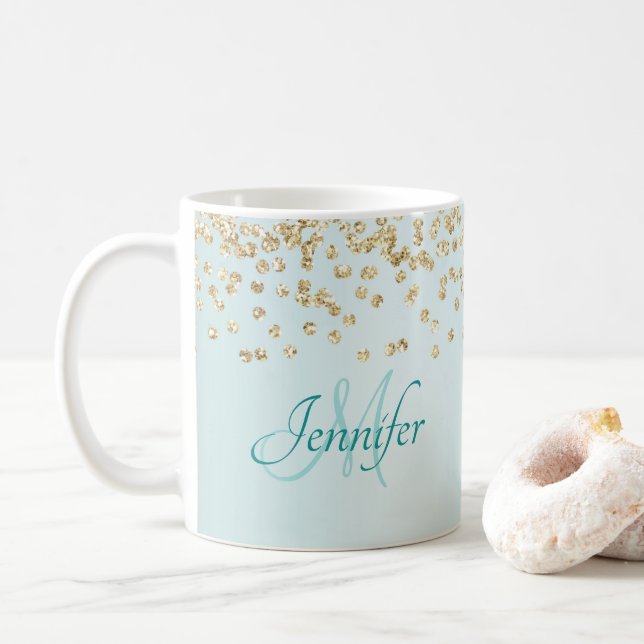 Gold Glitter Confetti on Seafoam Green Coffee Mug (With Donut)