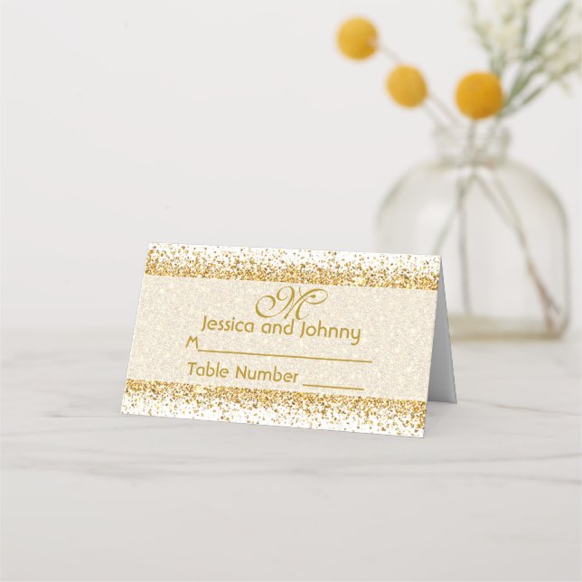 Gold Glitter Confetti on White Place Card (Front)