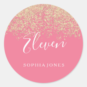 Gold Glitter Confetti Pink 11th birthday party Classic Round Sticker