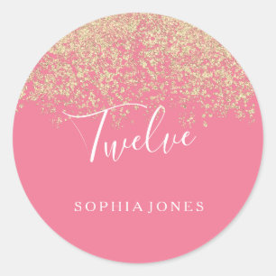 Gold Glitter Confetti Pink 12th birthday party Classic Round Sticker