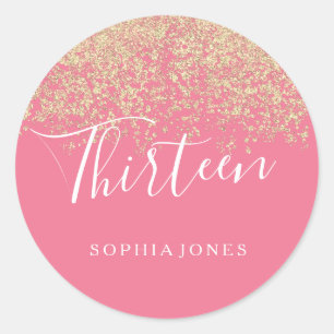 Gold Glitter Confetti Pink 13th birthday party Classic Round Sticker