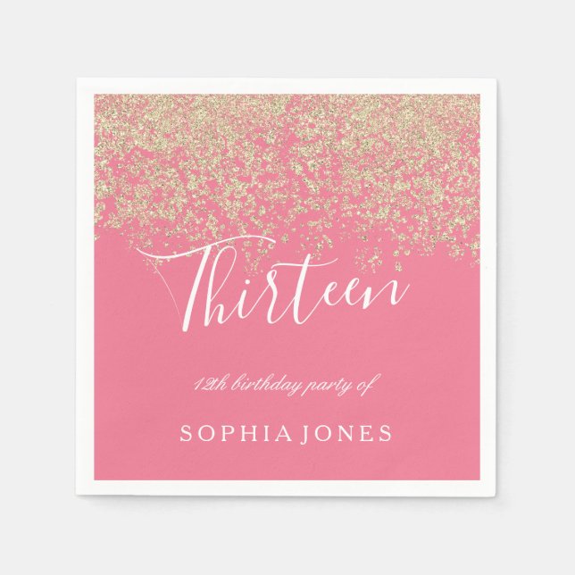 Gold Glitter Confetti Pink 13th birthday party Napkin (Front)