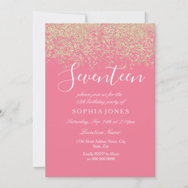 Gold Glitter Confetti Pink 17th birthday party Invitation (Front)