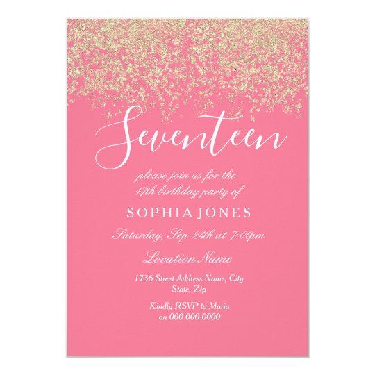 Gold Glitter Confetti Pink 17th Birthday Party Invitation Zazzle