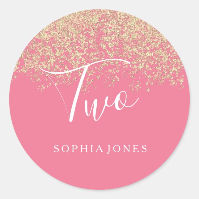 Gold Glitter Confetti pink 2nd birthday party Classic Round Sticker (Front)