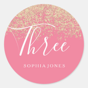 Gold Glitter Confetti Pink 3rd Birthday Party Classic Round Sticker