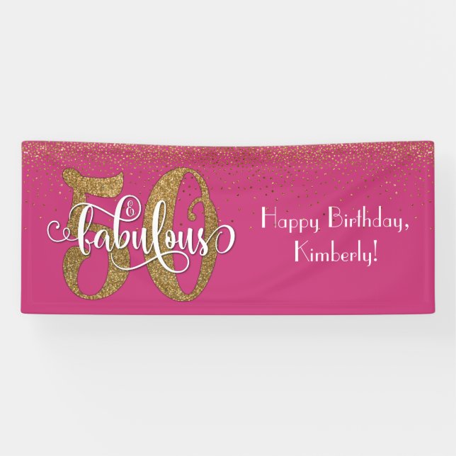 Gold Glitter Confetti Pink 50 & Fabulous Birthday Banner (Horizontal)