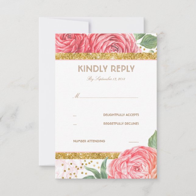 Gold Glitter Confetti Pink Floral Wedding RSVP (Front)