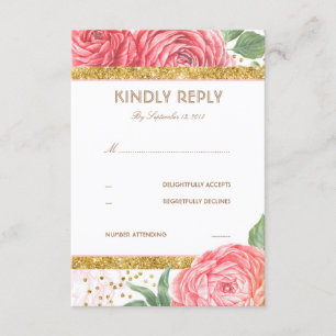 Gold Glitter Confetti Pink Floral Wedding RSVP Card