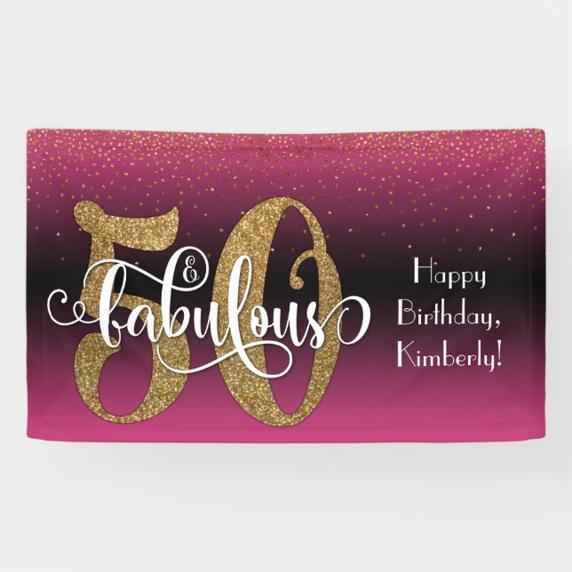 Gold Glitter Confetti Pink Ombre 50 & Fabulous Banner (Horizontal)