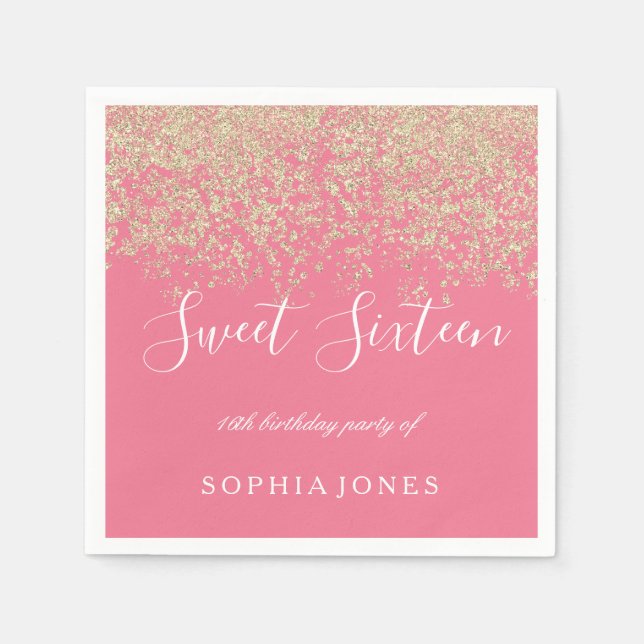 Gold Glitter Confetti Pink Sweet 16 Birthday Party Napkin (Front)