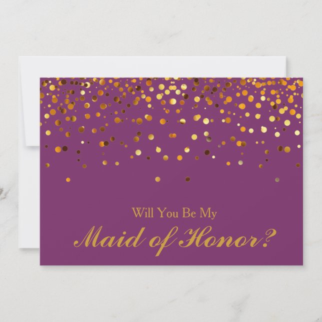Gold Glitter Confetti Purple Maid of Honour Invitation (Front)