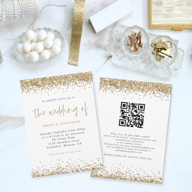 Gold Glitter Confetti QR Code Script Wedding Invitation (Creator Uploaded)