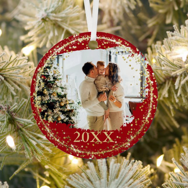 Gold Glitter Confetti Red Family Photo Christmas Metal Tree Decoration (Insitu)