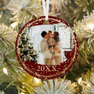 Gold Glitter Confetti Red Family Photo Christmas Metal Tree Decoration
