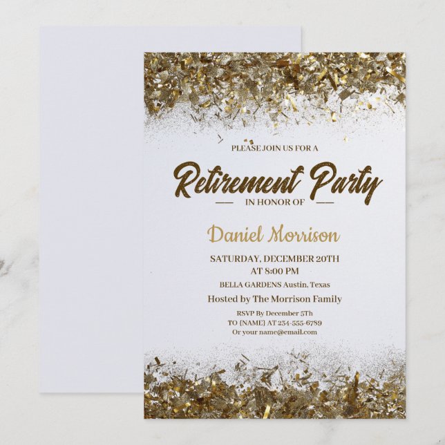 Gold Glitter Confetti Retirement Party 2024 Invitation (Front/Back)