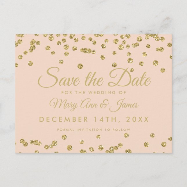 Gold Glitter Confetti Save The Date Blush Rose Announcement Postcard (Front)