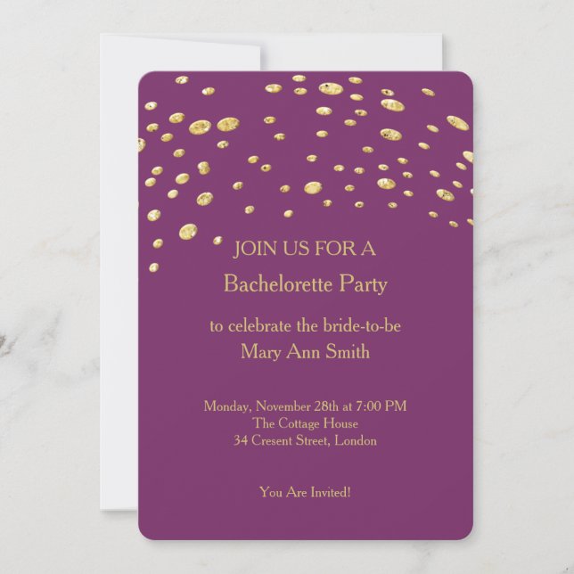 Gold Glitter Confetti Sparkles Purple Bachelorette Invitation (Front)
