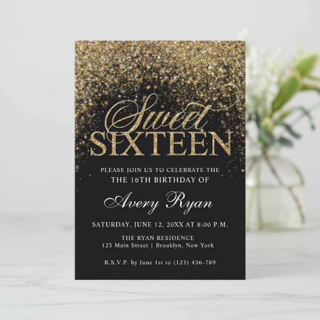 Gold Glitter Confetti Sweet 16 Invitation (Standing Front)
